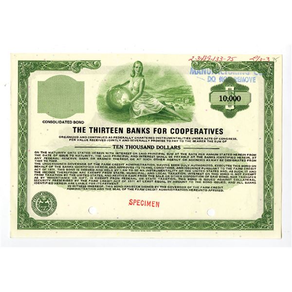 D.C., Thirteen Banks for Cooperatives, 1975 Specimen U.S. Federal Bond