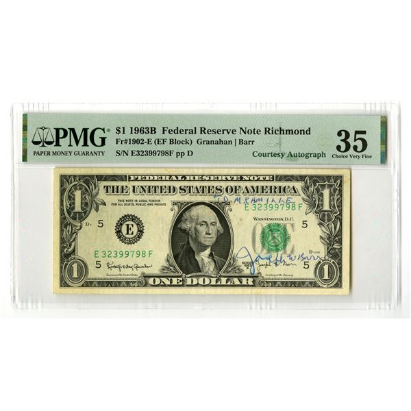 U.S., F.R.N., $1, Series 1963B, Fr.# 1902-E, Issued Banknote with "Barr" Courtesy Autograph.