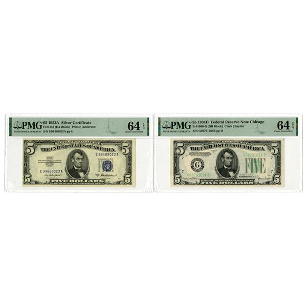 U.S., F.R.N., $5, Series 1934D and $5 Silver Certificate, Series 1953A, Issued Banknote Pair.