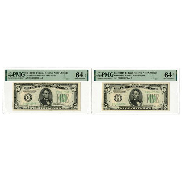 U.S., F.R.N., $5, Series of 1934D, Fr.# 1960-G, Issued Banknote Pair.
