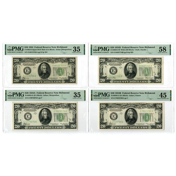 U.S., F.R.N., $20, Series of 1934, 1934A, 1934B, and 1934D, Issued Banknote Quartet.