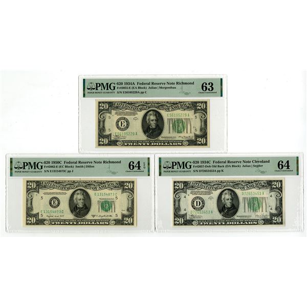 U.S., F.R.N., $20, Series of 1934A, 1934C and 1950C, Issued Banknote Trio.