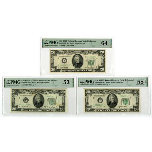 U.S., F.R.N., $20, Series 1950, 1950A, and 1950B, Issued Banknote and Replacement Note Trio.