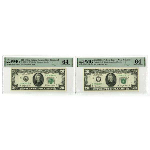 U.S., F.R.N., $20, Series of 1963A, Fr.# 2066-E*, Issued Star Note Pair.