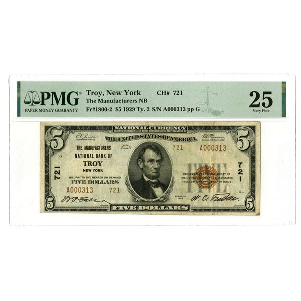 NY. Manufacturers National Bank of Troy, New York, $5 T2, Series of 1929, Ch# 721, Issued Banknote.
