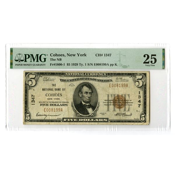 NY. National Bank of Cohoes, New York, $5 T1, Series of 1929, Ch# 1347, Issued Banknote.