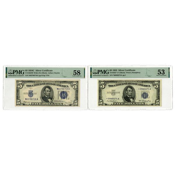 U.S. Silver Certificate, $5, Series of 1934C and Series 1953, Issued Banknote and Replacement Pair.