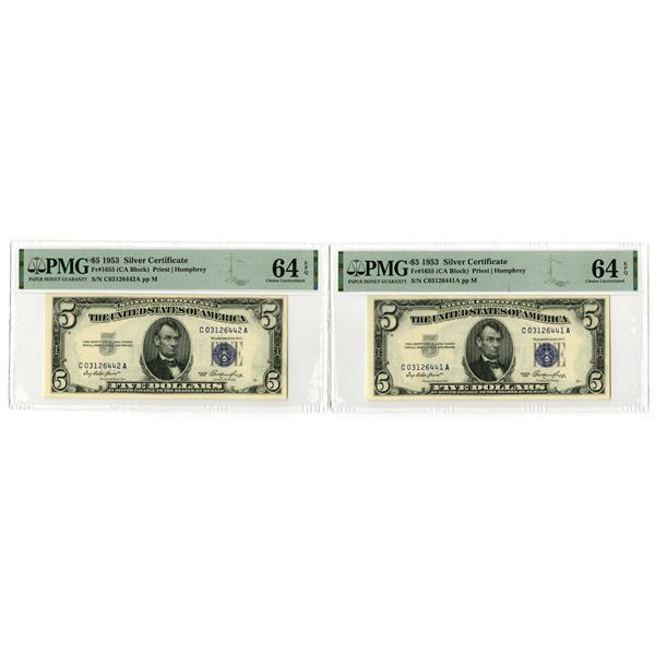 U.S. Silver Certificate, $5, Series 1953, Fr.# 1655, Sequential Issued Banknote Pair.