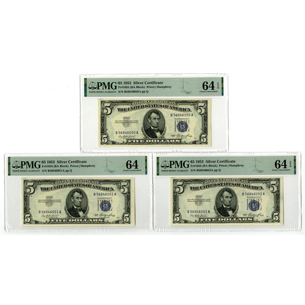 U.S. Silver Certificate, $5, Series 1953, Fr.# 1655, Sequential Issued Banknote Trio.