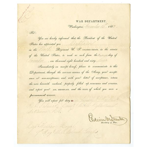 Washington, November 16, 1863. U.S. Colored Troops – Civil War Officer Appointment Signed b