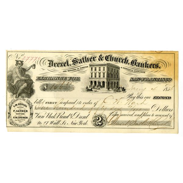 CA. Drexel, Sather & Church Bankers, 1856, I/U Gold Rush Era Bill of Exchange