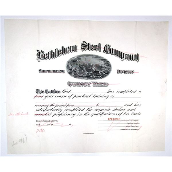 MA. Bethlehem Steel Co., Shipbuilding Division, Quincy Yard, ca.1900-30s Proof Training Certificate