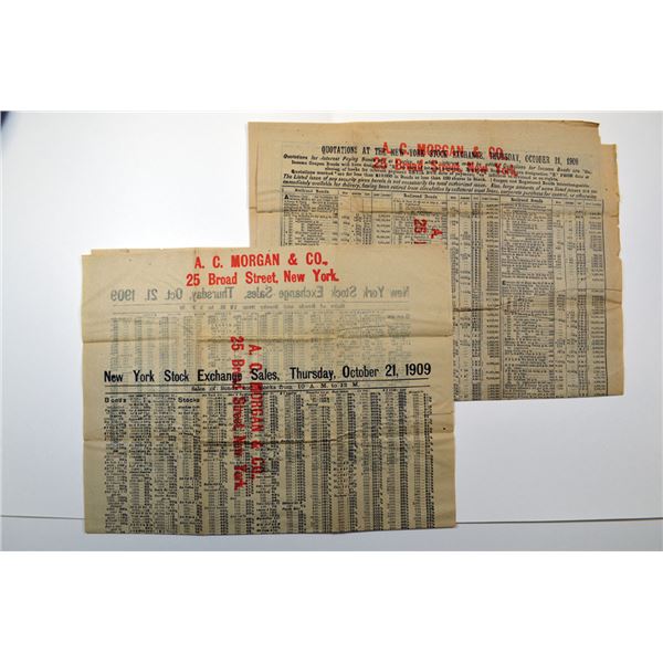 NY. A.C. Morgan & Co., New York Stock Exchange Sales & Quotations, October 21, 1909 Newspaper.