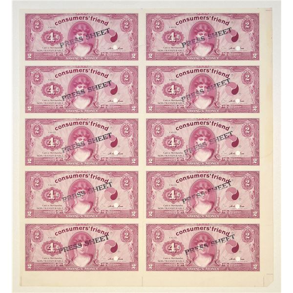 Consumers' Friend Savings Money, 1973, Uncut Specimen/Proof Sheet of Banknotes