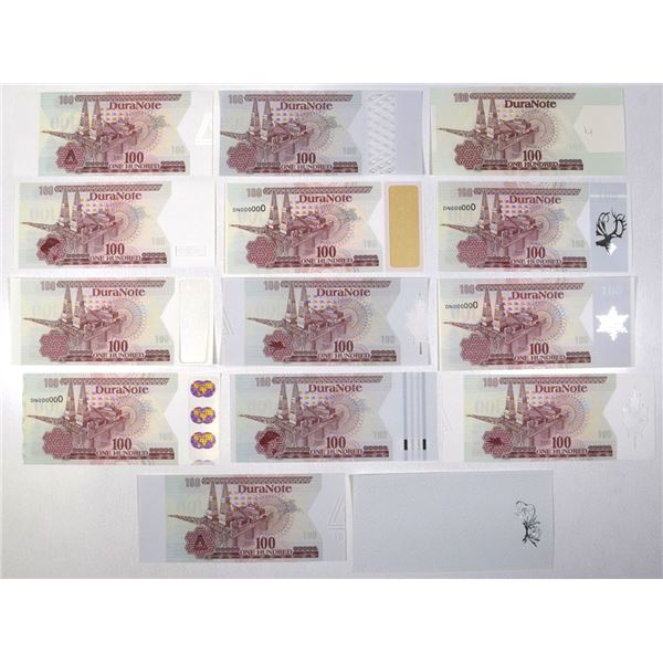 U.S. & Canada. DuraNote Polymer Test-Advertising Note Collection with 14 Different Security Devices,