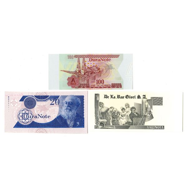 U.S., Canada. U.K., De La Rue Giori S.A. and Dura Note, Polymer Sample Ad Note Trio, ND (1980-90s),
