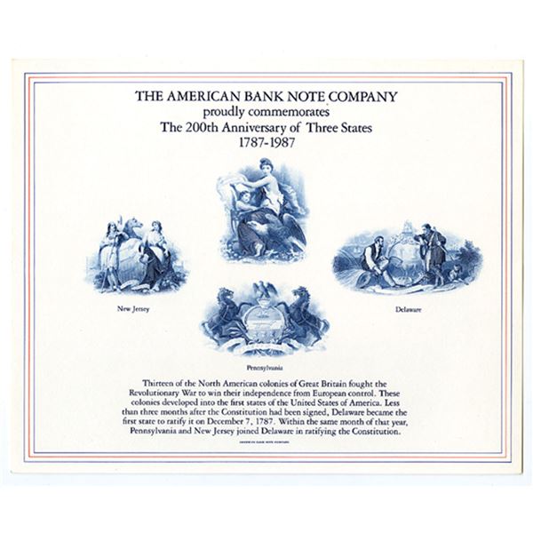 ABN Souvenir Cards, "ABN Commemorates the 200th Anniversary of Three States 1787-1987" with 4 Intagl