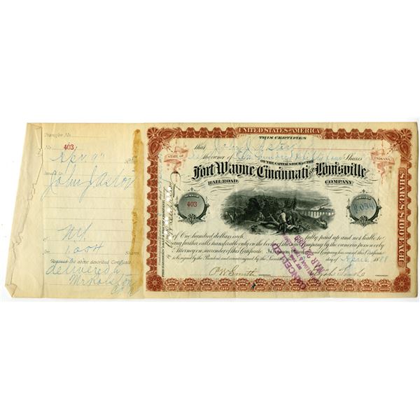 IN. Fort Wayne, Cincinnati and Louisville Railroad Co., 1888, I/C Stock Certificate signed by John J