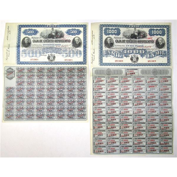 Chile. Caja de Credito Hipotecario, ND (1900), Specimen Coupon Bond Pair