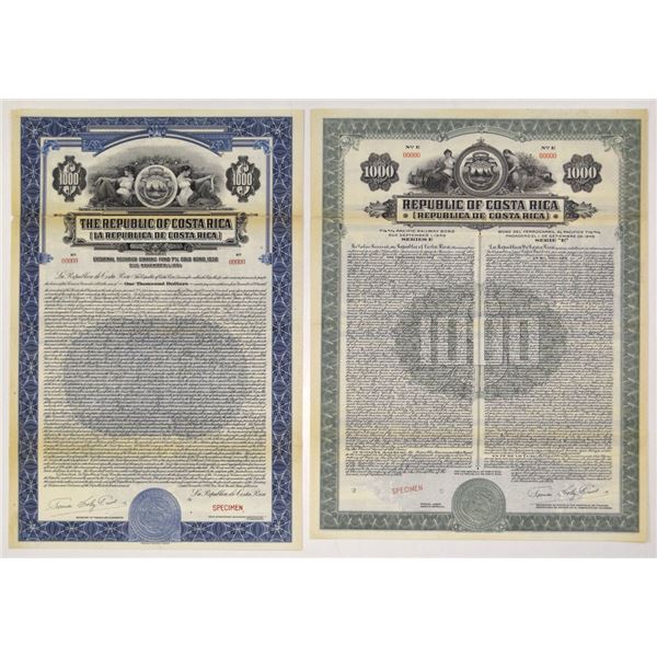 Costa Rica. Republic of Costa Rica, 1926 to 1927, Specimen Bond Pair.