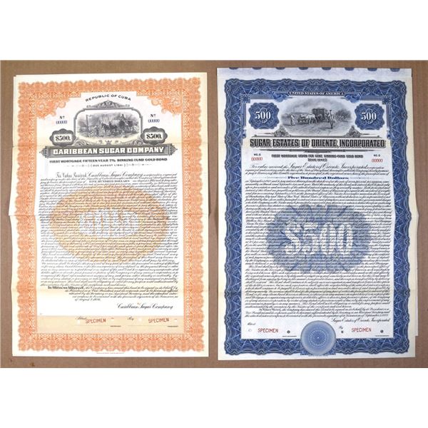 Cuba. Sugar Estates of Oriente, Inc & Caribbean Sugar Co., 1922 & 1926, Specimen Bond Pair.