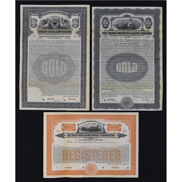 Cuba, West Indies, & U.S., Sugar Related Specimen Bond Trio, 1921 to 1925.