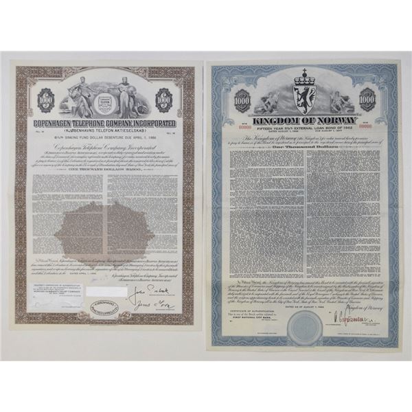 Denmark & Norway Specimen Coupon Bond Pair, 1962 and 1966