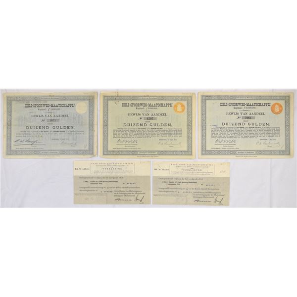 Dutch East Indies. Deli Railway Co., 1913 to 1914, I/U Share Certificates.