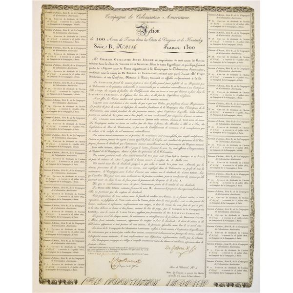 France. Compagnie de Colonization Américaine, 1820, Issued Bond.