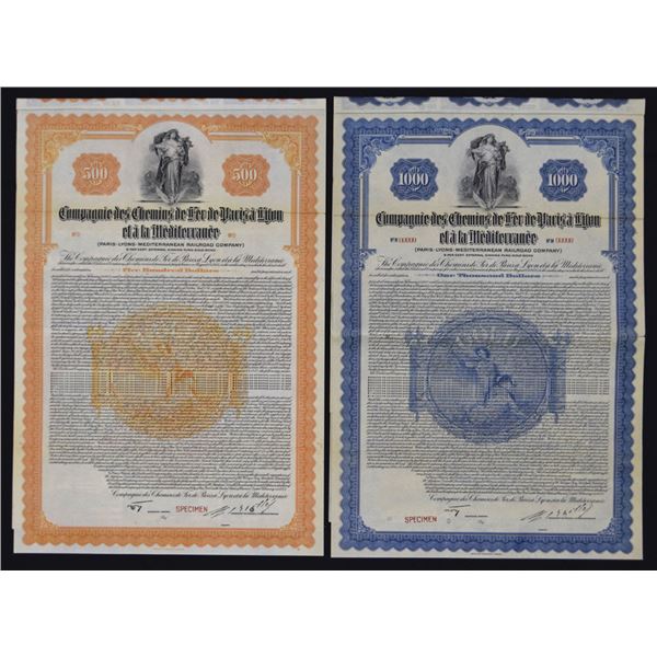 France. Paris-Lyons-Mediterranean Railroad Co. Specimen Gold Coupon Bond Pair.