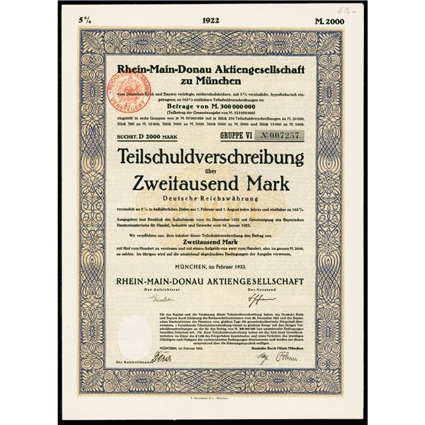 Germany. Rhein-Main-Donau Aktiengesellschaft zu Munchen, 1922, I/U Bond