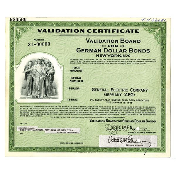 Germany & U.S., Validation Board for German Dollar Bonds, General Electric Co., 1945, Specimen Certi