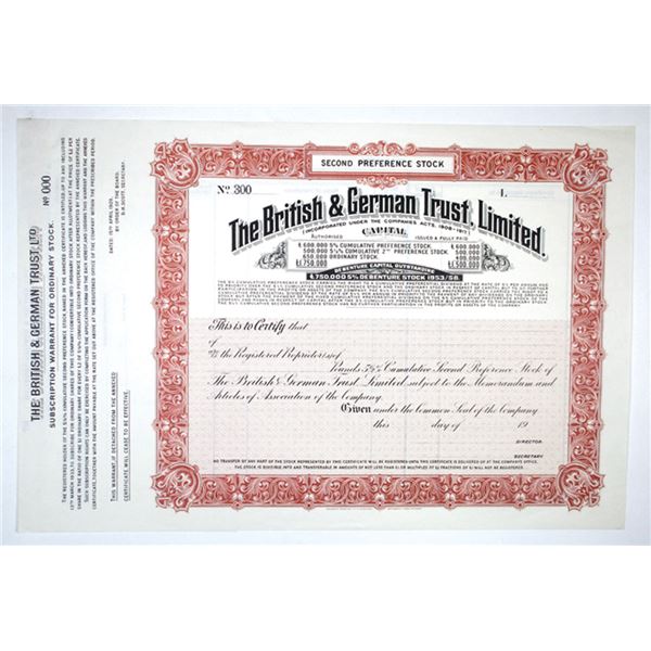 U.K., British & German Trust, Ltd., 1927 Specimen Stock Certificate
