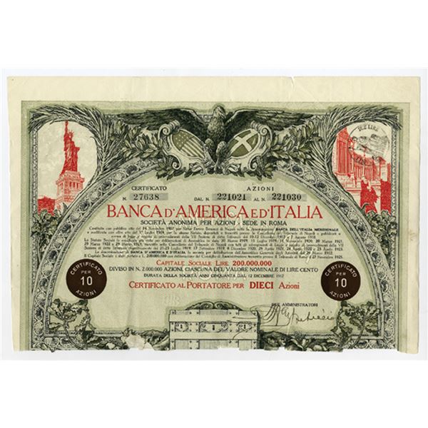 Italy. Banca d'America ed' Italia, 1925, I/U Certificate.