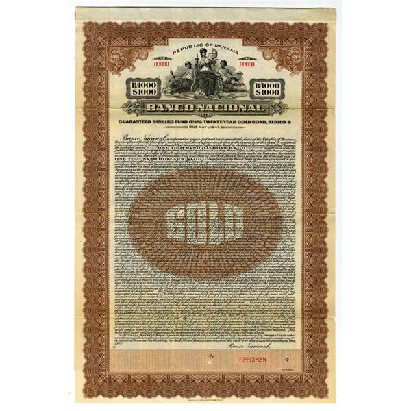 Panama. Banco Nacional, Republic of Panama, 1927, Specimen Gold Coupon Bond