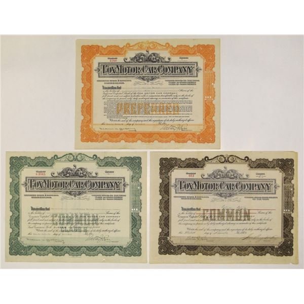DE. Fox Motor Car Co., 1920 to 1921, I/U Stock Certificate Trio.