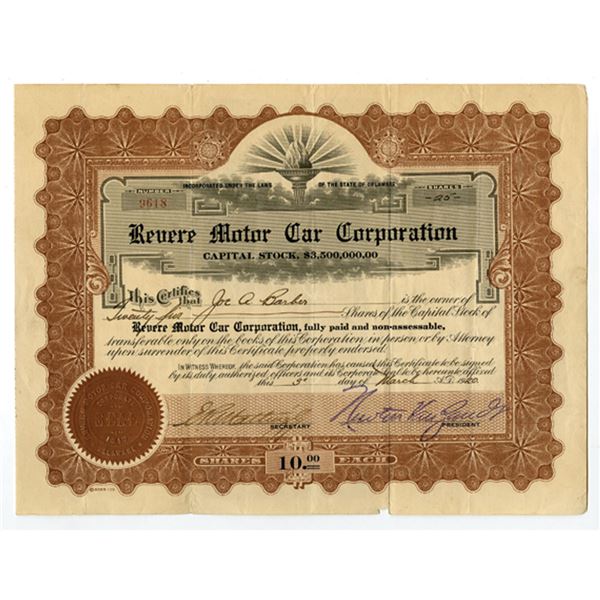 Revere Motor Car Corp., 1920, I/U Stock Certificate.