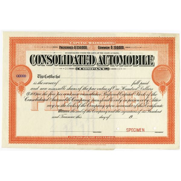 ME. Consolidated Automobile Co., ca.1906-10 Specimen Stock Certificate