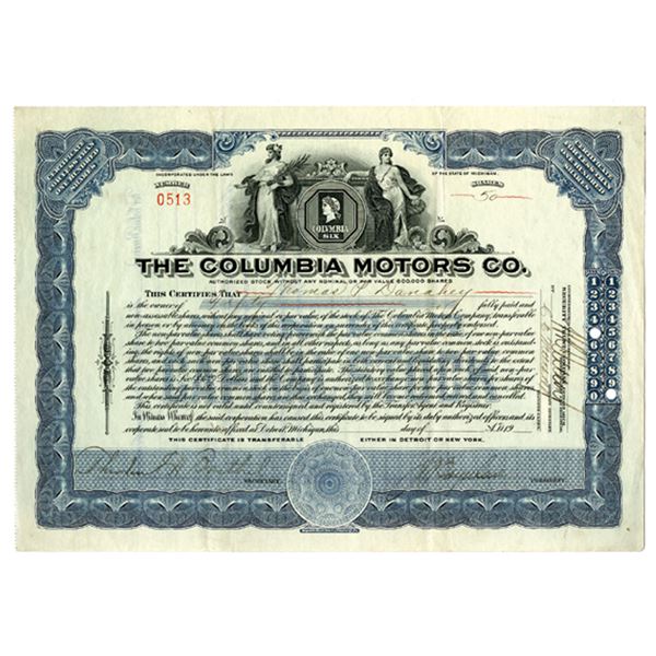 MI. Columbia Motors Co., 1924, I/U Stock Certificate.