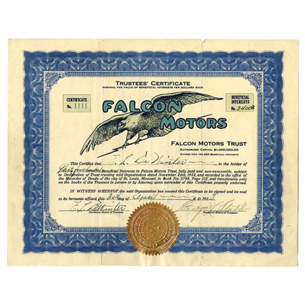 MO. Falcon Motors Trust, 1923, I/U Stock Certificate.