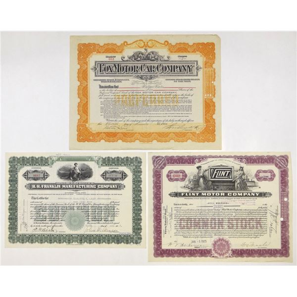 Fox Motor, Flint Motor, and H.H. Franklin Manufacturing Co., 1920 to 1925, I/U Stock Certificate Tri