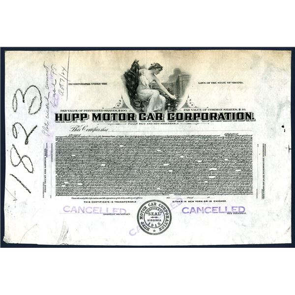 VA. Hupp Motor Car Corporation, 1924, Proof Stock Certificate.