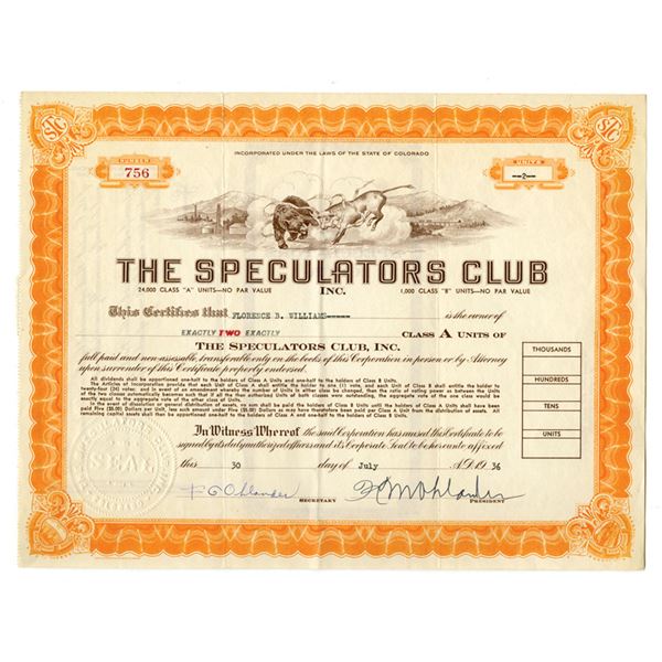 CO. Speculators Club Inc., 1936, I/U Stock Certificate.