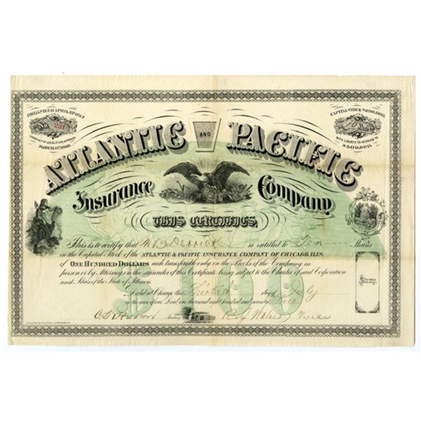 IL. Atlantic and Pacific Insurance Company, 1873, I/U Stock Certificate
