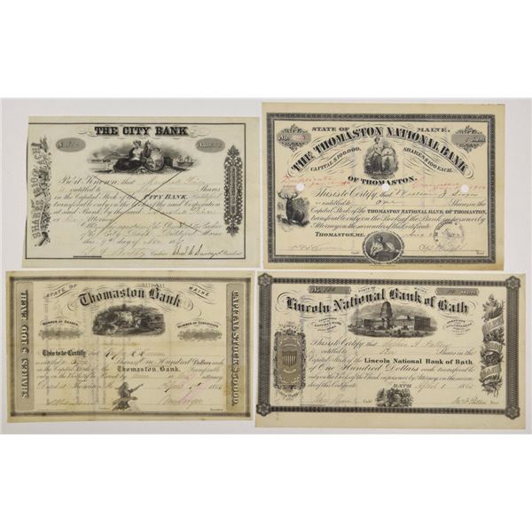 ME. Biddeford, Thomaston & Bath Banking Stock Certificates, 1850s to 1870s
