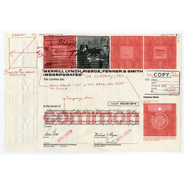 NY. Merrill Lynch & Co., Inc., 1973, Unique Production Department Marked Up Transitional Proof Stock