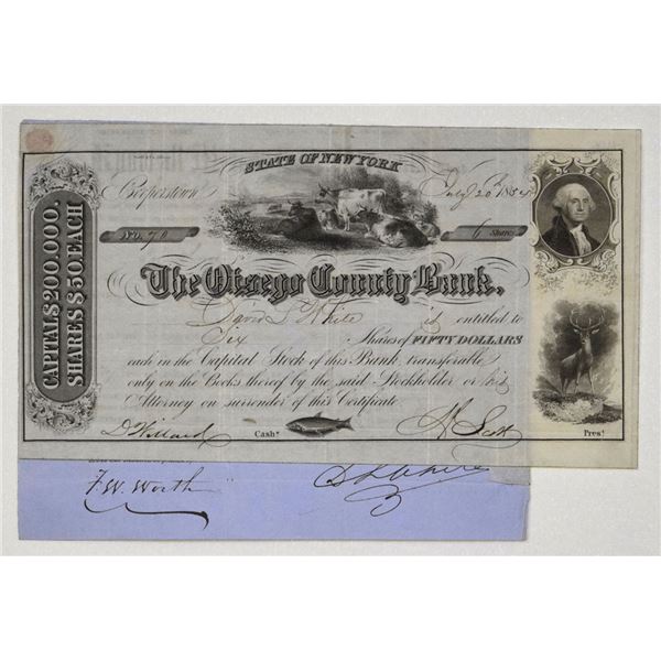 NY. Otsego County Bank, 1854, I/U Stock Certificates with Transfer Document Attached