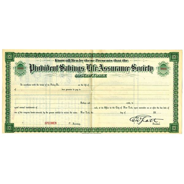NY. Provident Savings Life Assurance Society of New York, ca.1880-1890s Specimen Insurance Policy