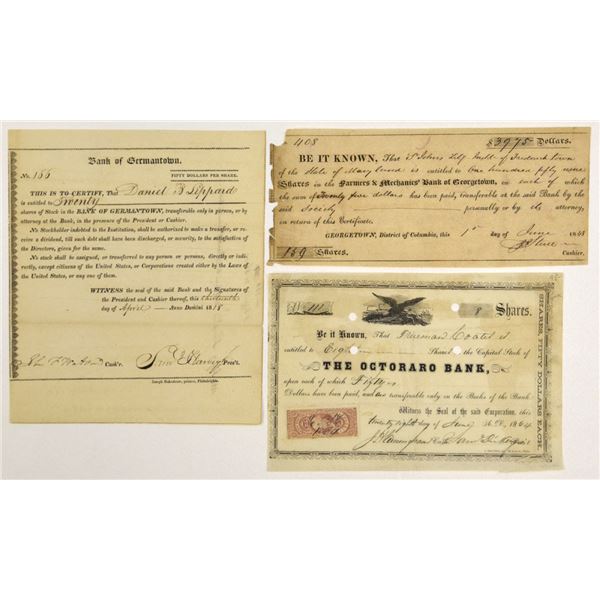 PA. & MD., Early Pennsylvania & Georgetown, D.C., Bank Stock Certificate Trio, 1818 to 1864.