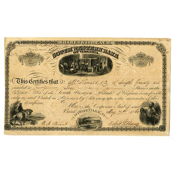VA. South Western Bank of Virginia, 1860 I/C Stock Certificate.